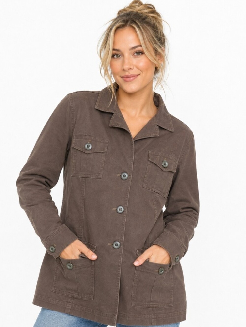 Talbots Petite Brown Utility Cotton Jacket with Front Pockets (Sz:10p)